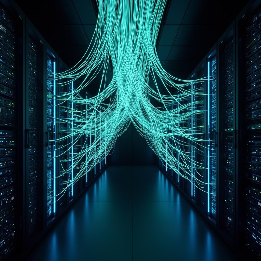 Server room with fiber optic cables